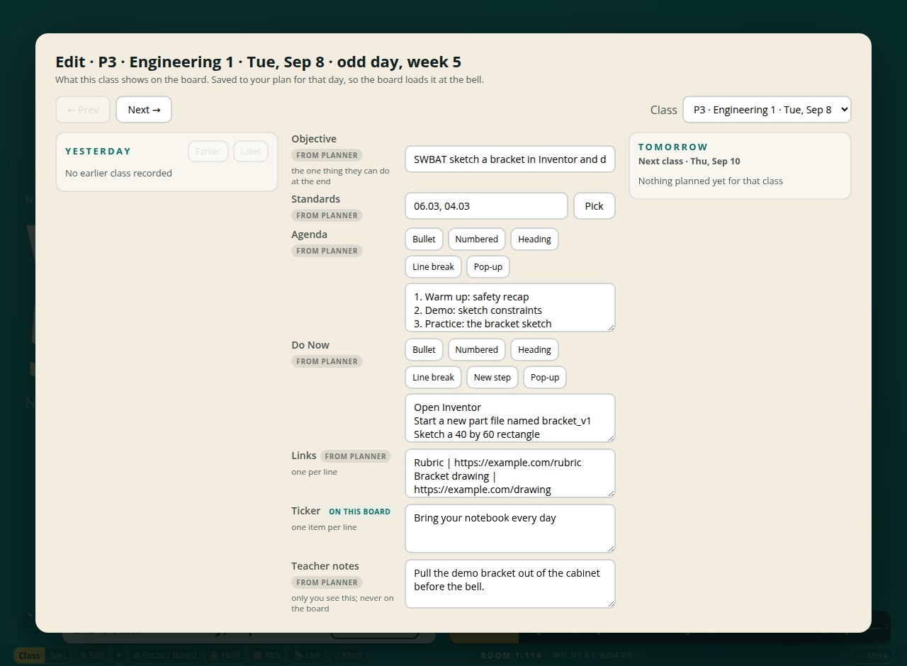 The board's class editor for P3 on Tuesday September 8: objective, standards with a Pick button, agenda and Do Now with their insert toolbars, links, ticker, a teacher notes box, from planner and on this board chips, and Save.