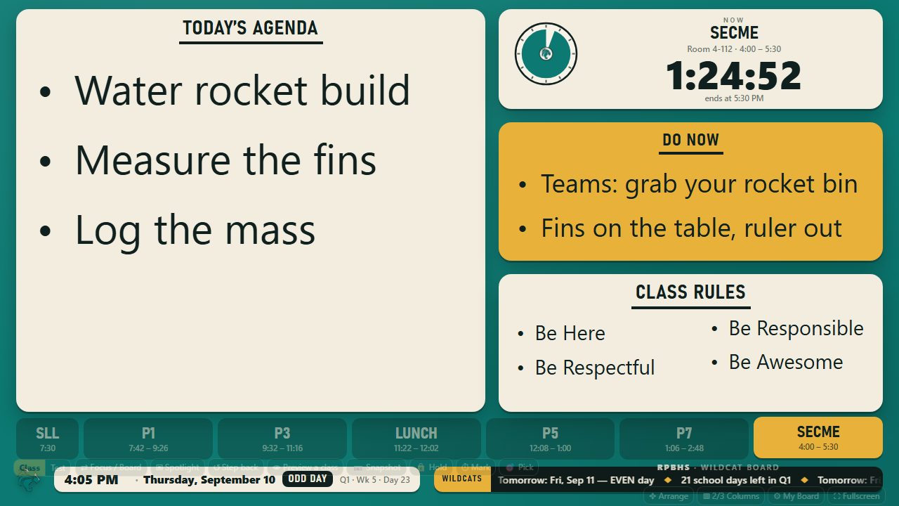 The board at 4:05 PM on a Thursday: the timer card reads SECME, Room 4-112, 4:00 to 5:30 with a countdown, and the day strip ends with a SECME segment.