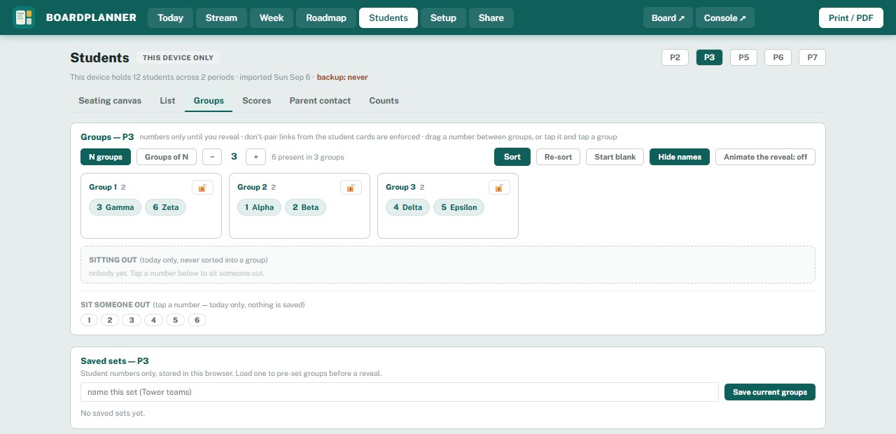 The planner's Groups view for period 3: three group cards of two students each with the first name shown beside every number, a Hide names button, and an Animate the reveal switch reading off.