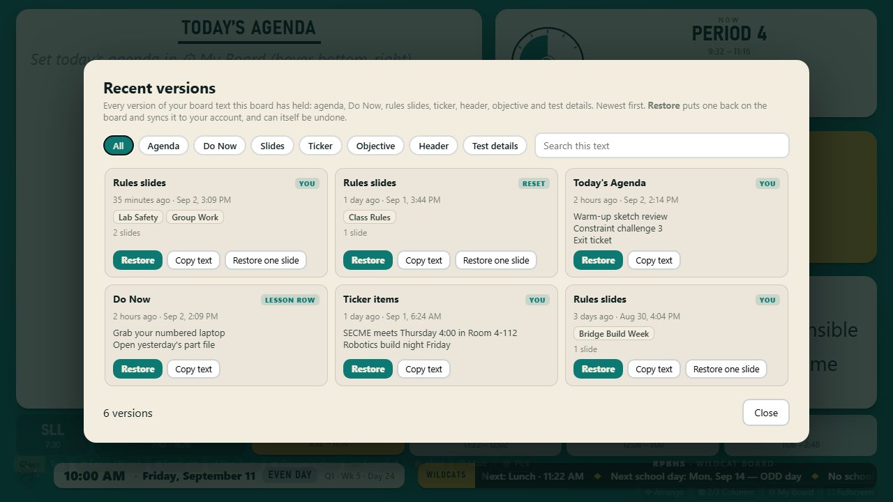 The Recent versions gallery over the board: tiles for rules slides, agenda, Do Now and ticker, each with Restore and Copy text buttons and a filter row across the top.