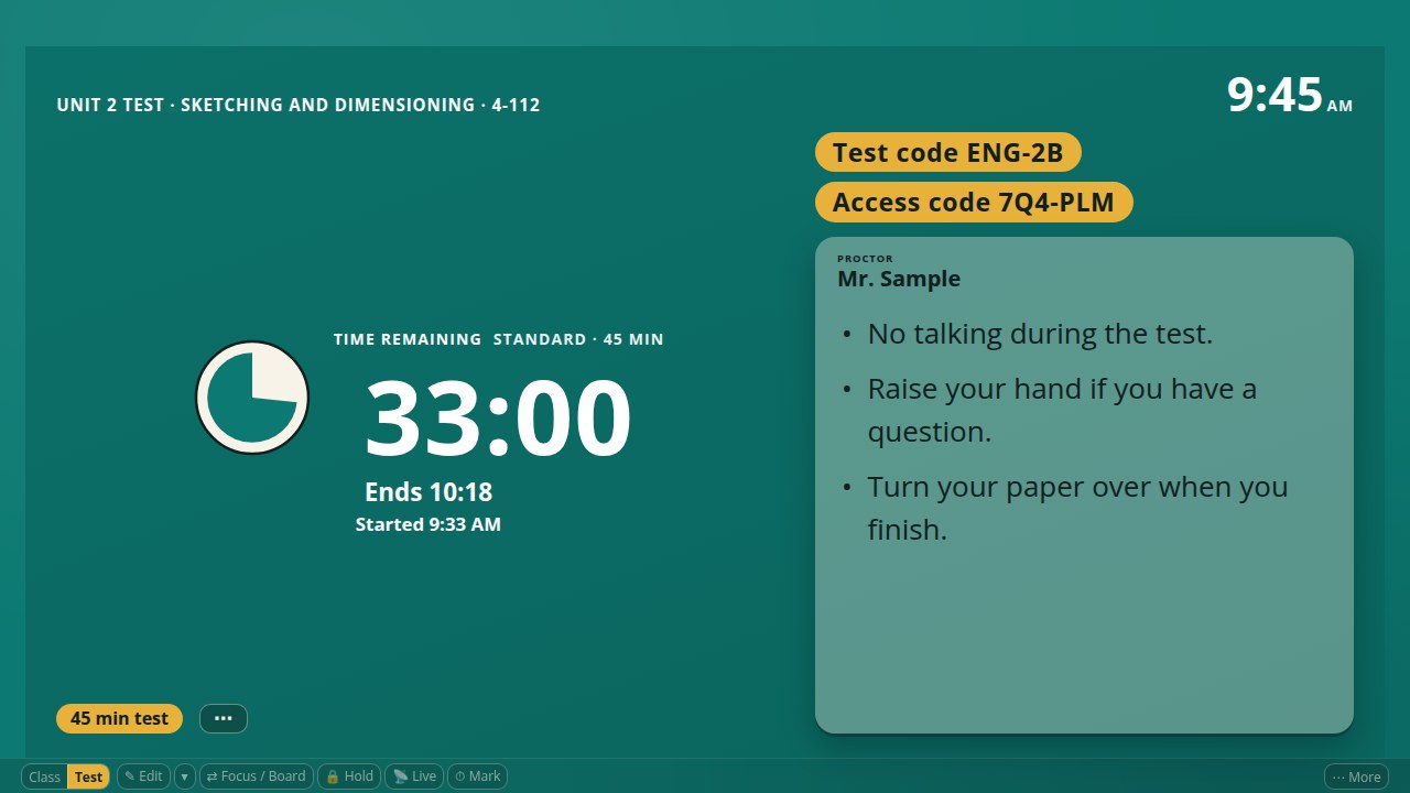 The Two panels testing screen: the countdown on the left with the end and start times under it, and on the right a strip of code pills above a card with the proctor and the instructions.