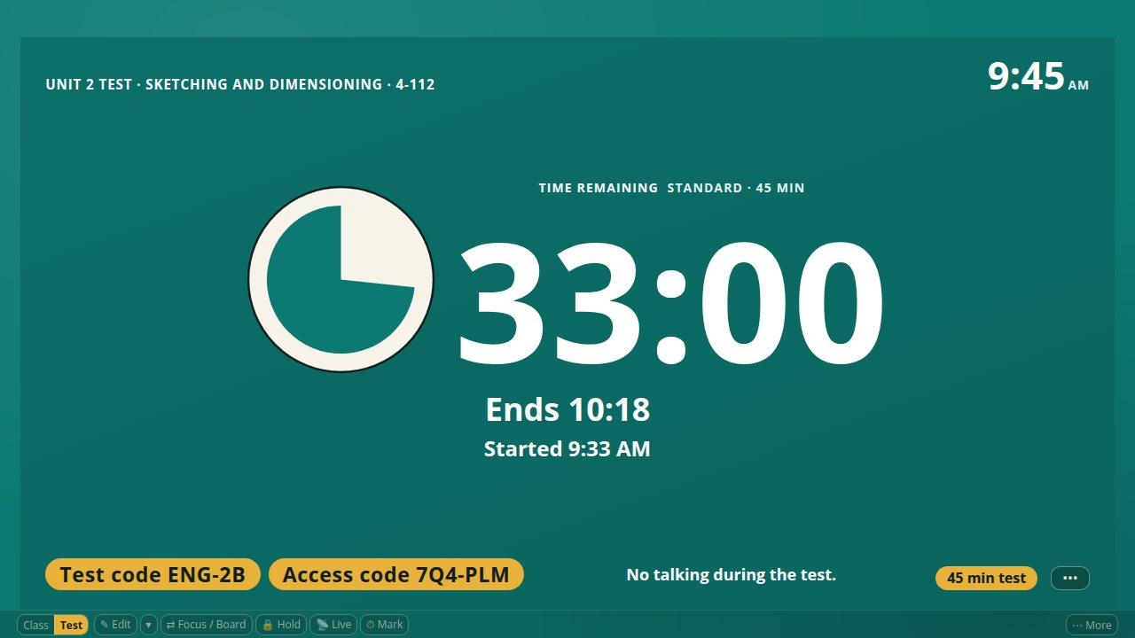 The Poster testing screen: one large countdown with the dial beside it, the test name and room on a line above, and a band below with the codes, the first instruction and the test length.
