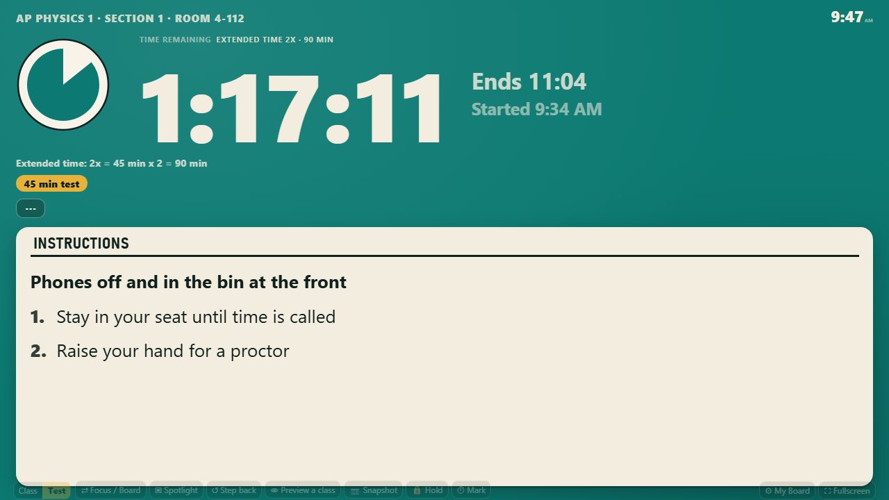 A running test with extended time only: the dial beside a large countdown labeled Extended time 2x, Ends and Started beside it, the arithmetic line under it.