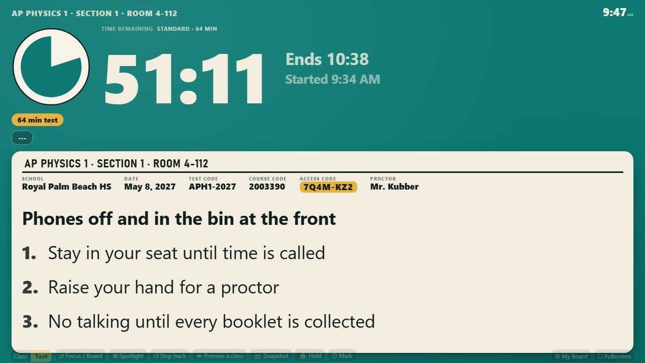 The test face with a header line built from the title, section and room, and a labeled grid of school, date, test code, course code, access code and proctor above the instructions.
