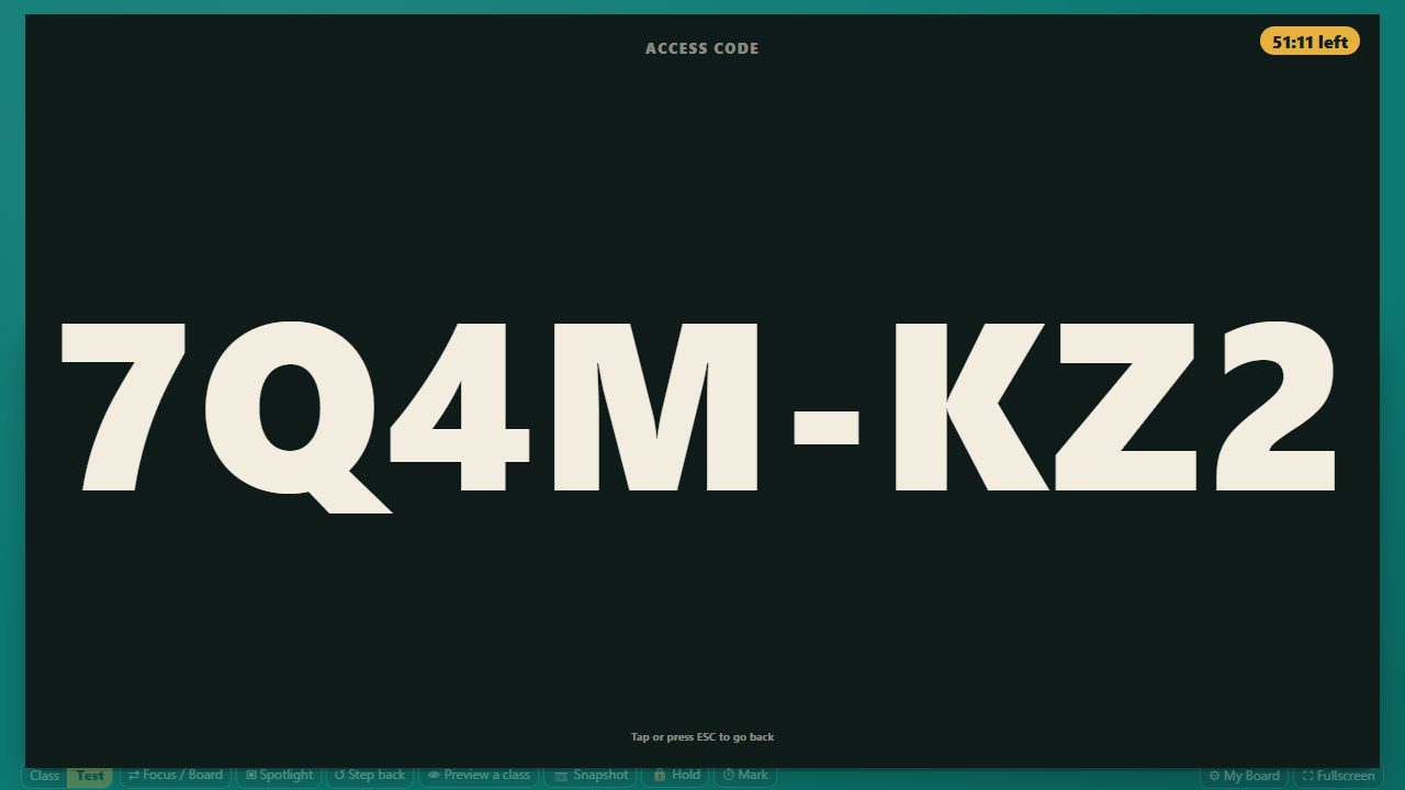 The access code shown full screen in very large letters with a time remaining chip in the top right corner.